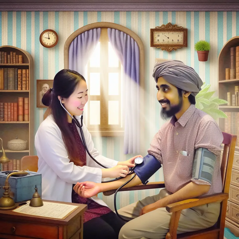 Een arts controleert de bloeddruk van een gemiddelde man in een charmante, vintage medische praktijk.