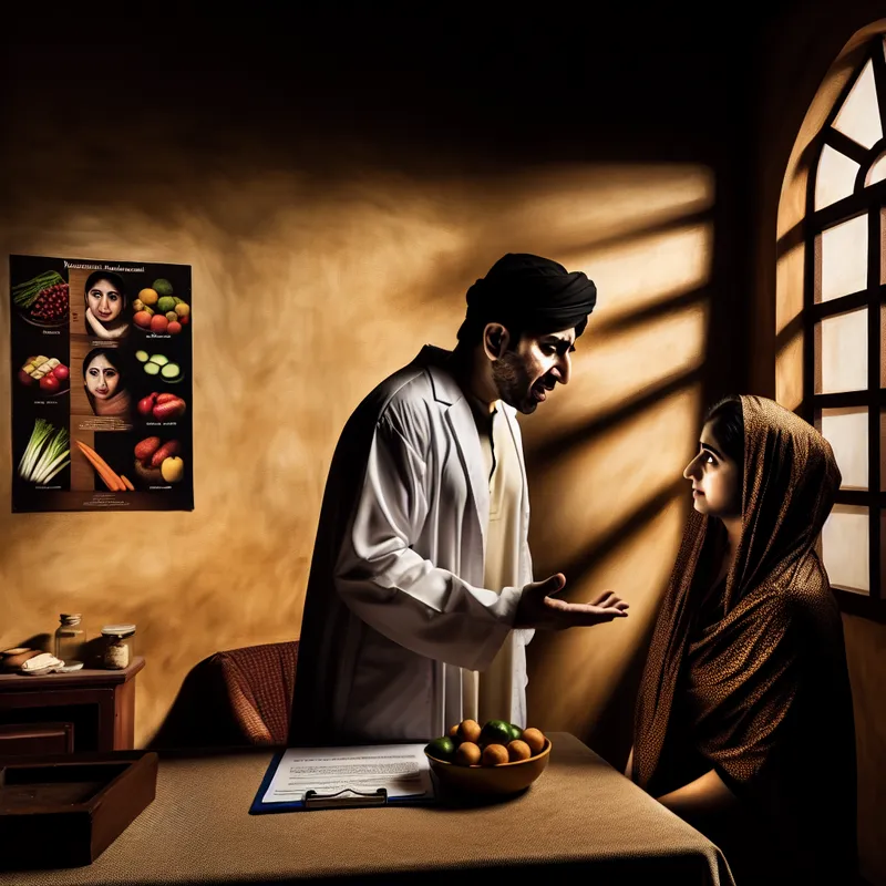 Een arts in een wit schort geeft advies aan een vrouw in een gezellige kantoorruimte, terwijl ze naar een voedingsschema op de muur kijkt.