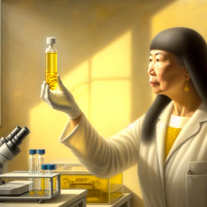 Een arts inspecteert een doorzichtig medisch vial met gele vloeistof in een serene examenruimte, geïnspireerd door Johannes Vermeer.