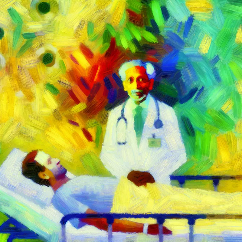 Abstracte voorstelling van een arts die naast een ziekenhuisbed staat en diep nadenkt, in expressieve kleuren en dynamische penseelstreken, symboliserend hoop en herstel