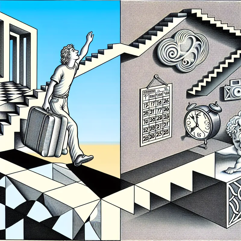 Surrealistische tekening in de stijl van M.C. Escher met twee tegenstrijdige kanten van een persoon: één die reist met een koffer en één die overweldigd wordt door tijdsdruk, verbonden door een onmogelijke brug