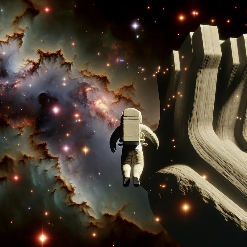 Hyperrealistische surrealistische voorstelling van een astronaut die zweeft in de oneindige kosmos, omringd door sterrenstelsels, nevels en sterrenstof, geïnspireerd op Carel Willink