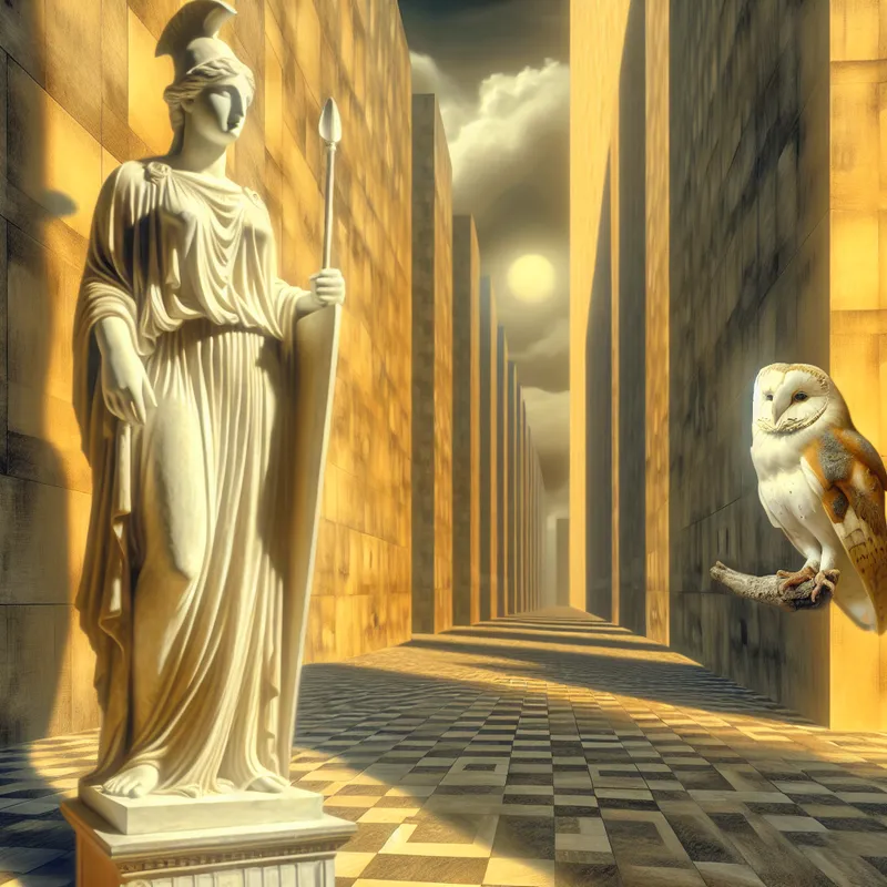 Hyperrealistisch surrealistisch schilderij van de godin Athena als symbool van wijsheid, met een uil op haar schouder, in een dromerig klassiek plein