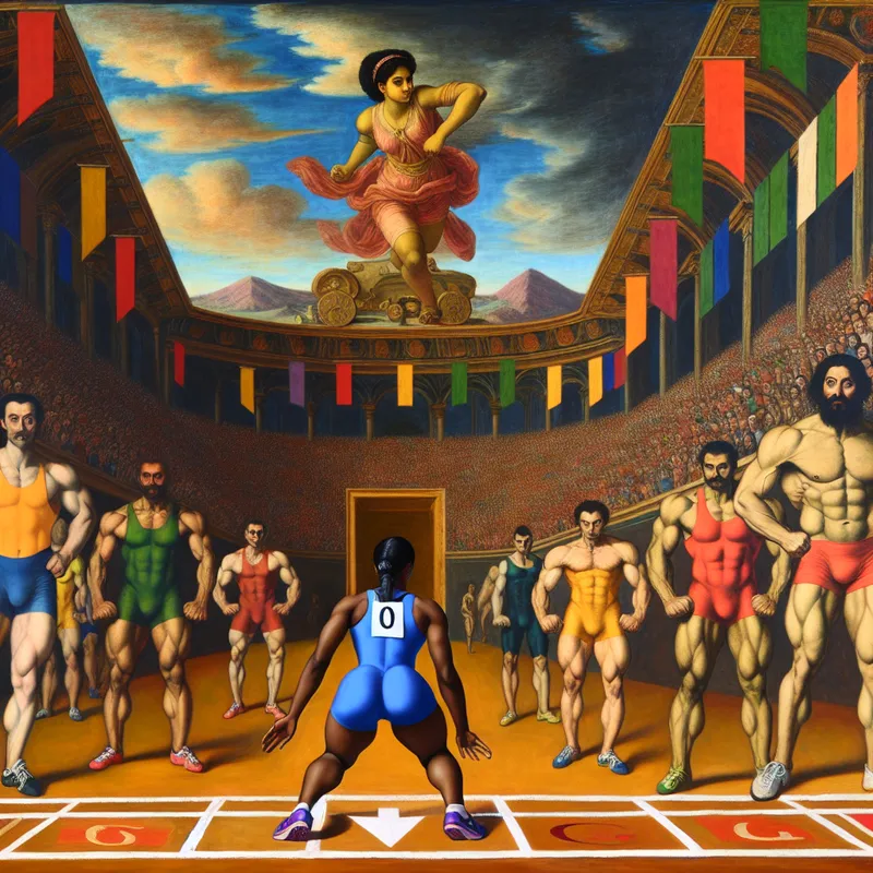 Een atleet staat zelfverzekerd aan de startlijn van een grandioze Barokse toernooiscène, omringd door concurrerende atleten in dynamische poses.
