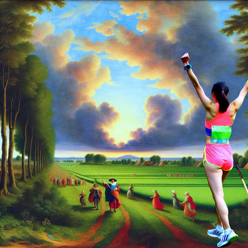 Atleet viert overwinning bij de finishlijn van een marathon, omringd door een prachtig landschap in Nederland.