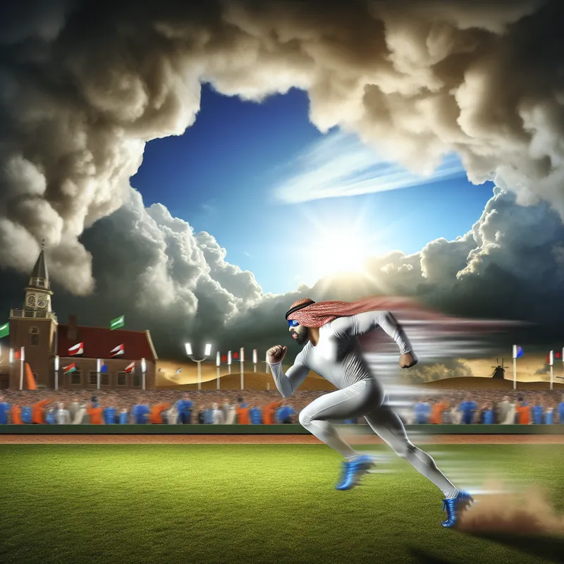 Atleet in volle actie tijdens een sportevenement, hard rennend naar het doel met een dynamisch landschap op de achtergrond.