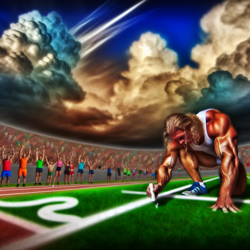 Atleet tekent een startlijn met krijt op een sportveld onder een dramatische lucht.