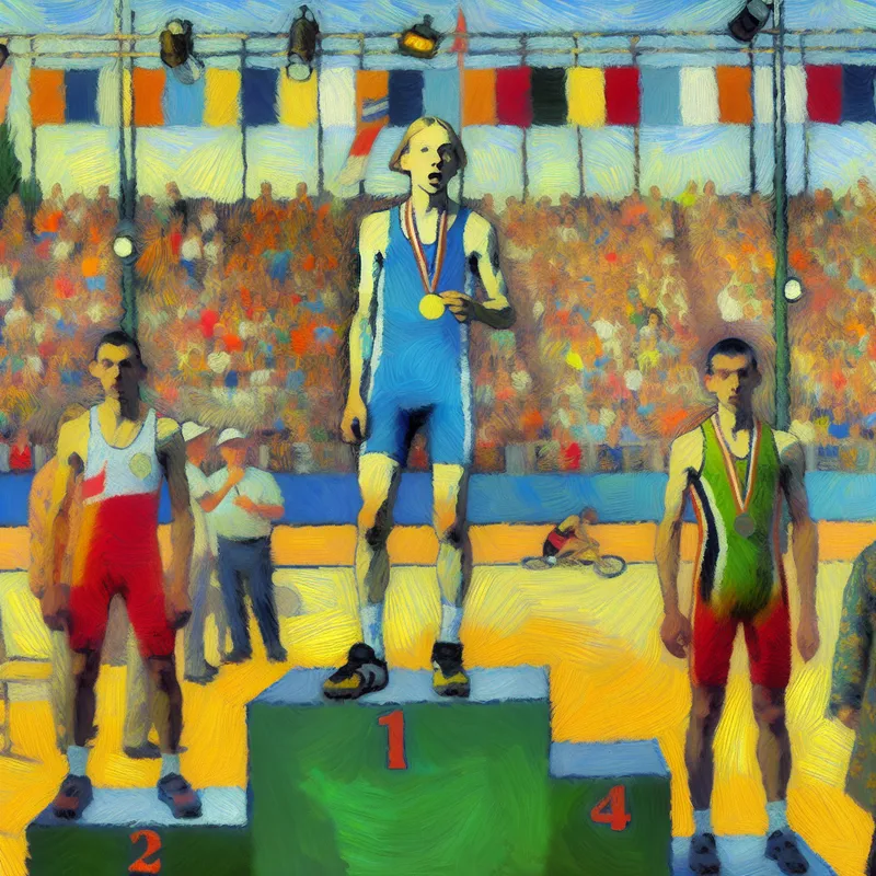 Een jonge atleet op het podium met een medaille in de vijfde plaats, omringd door juichende mensen.
