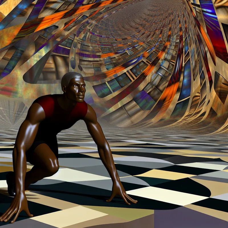 Een atleet kijkt gefocust naar een surrealistische finishlijn met geometrische vormen, omgeven door optische illusies.