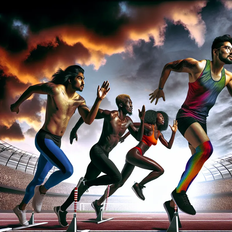 Een groep atleten sprintend naar de finishlijn met vastberaden gezichten, vingermet spanningen en kracht in hun houding.
