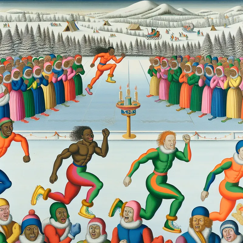 Groep atleten sprintend naar de finishlijn in een winterse landschap met sneeuw