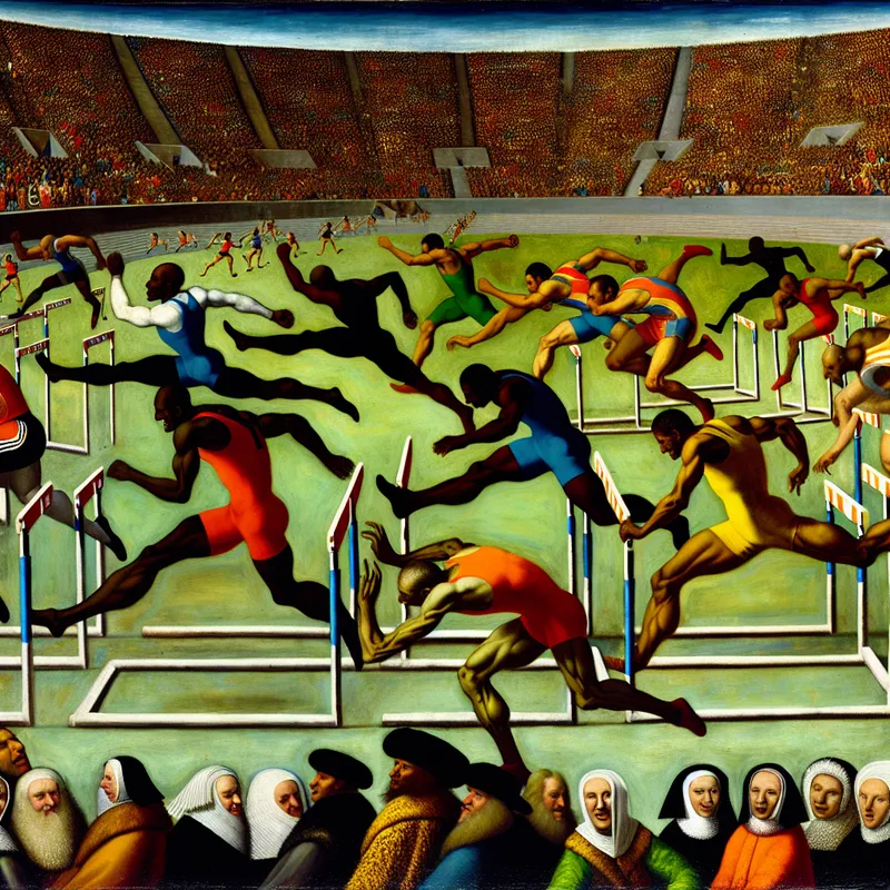 Atleten trainen voor een race met hindernissen in een stadion, met enthousiaste toeschouwers op de achtergrond.