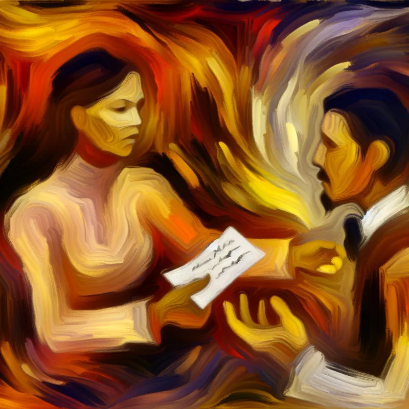 Abstract expressionistische voorstelling van een attent moment waarbij een vrouw een handgeschreven condoleancekaart overhandigt met zorg en empathie