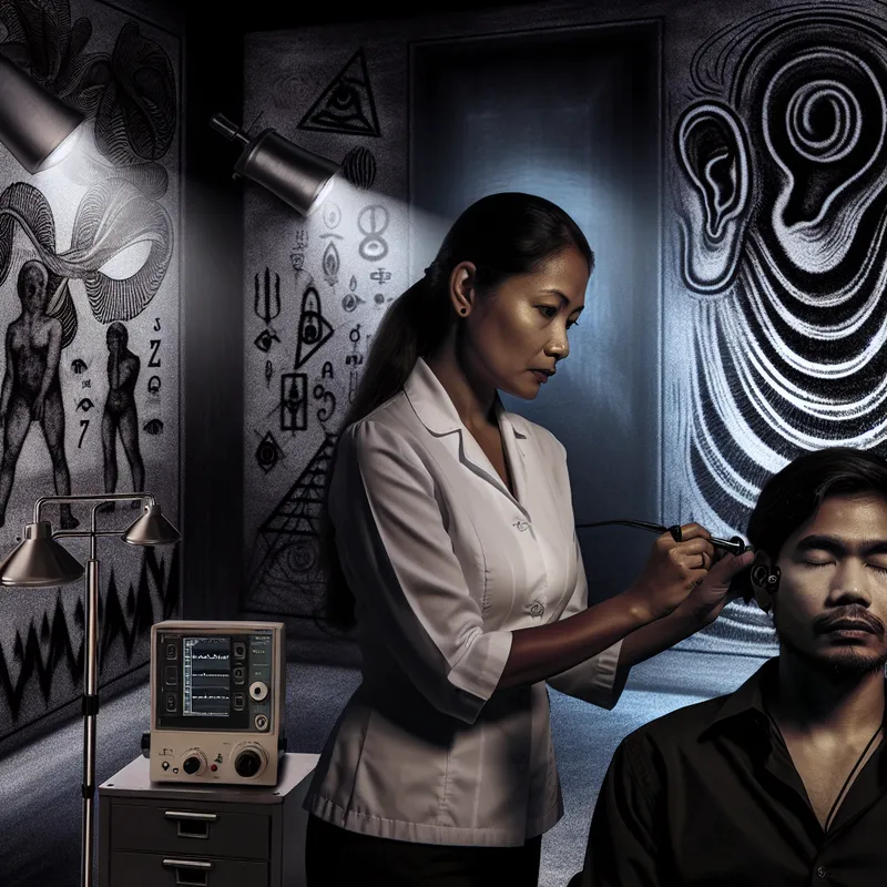 Audioloog voert een gehoortest uit met moderne audiometrische apparatuur in een schemerige kliniek.