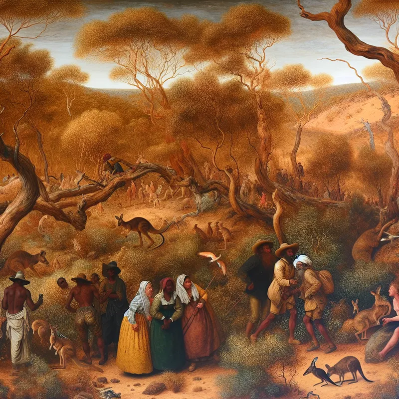 Levendige scène van Australisch struikgewas met wandelaars, kangoeroes en vogels in warme aardetinten, geschilderd in de stijl van Jan Steen