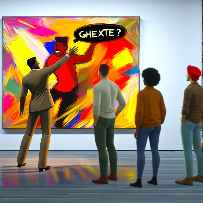 Curator explains authenticity of an abstract painting in art gallery filled with intrigued audience.