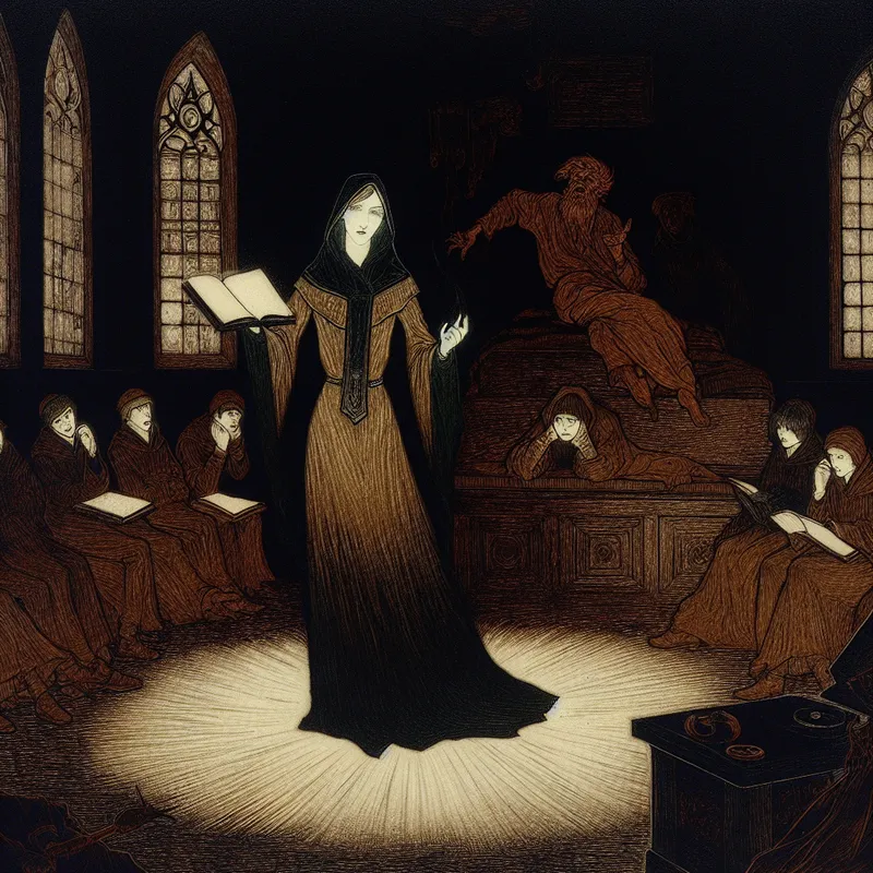 Symbolische illustratie van een leraar die zichzelf is in een klaslokaal, omringd door een warme aura, met een vervagende schaduw die onauthenticiteit voorstelt, in de stijl van Félicien Rops