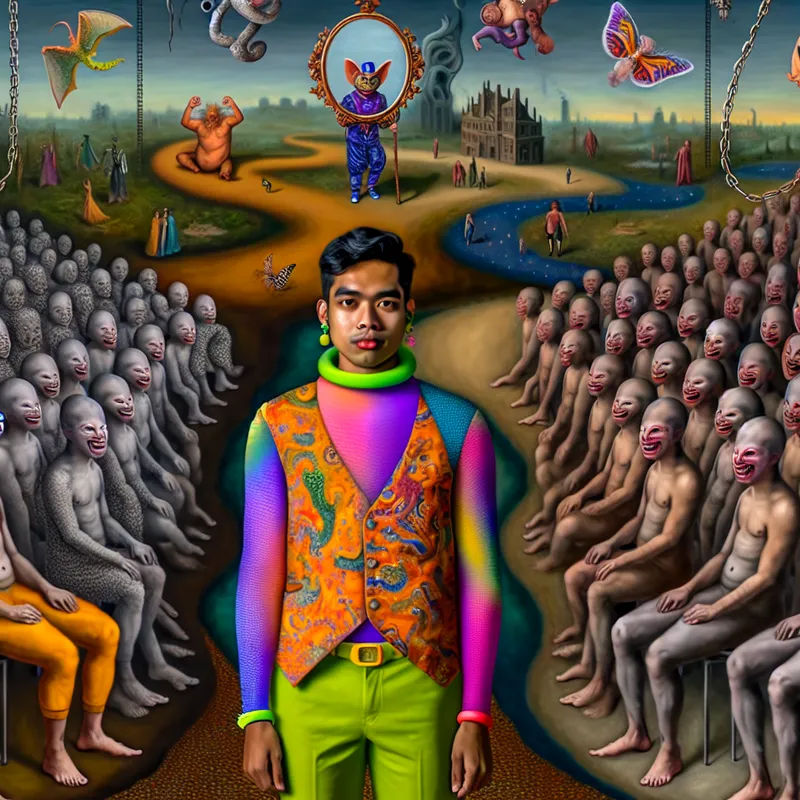 Surrealistisch tafereel van een zelfverzekerd persoon omringd door oordelende figuren, symboliserend authentiek blijven in een conformistische wereld