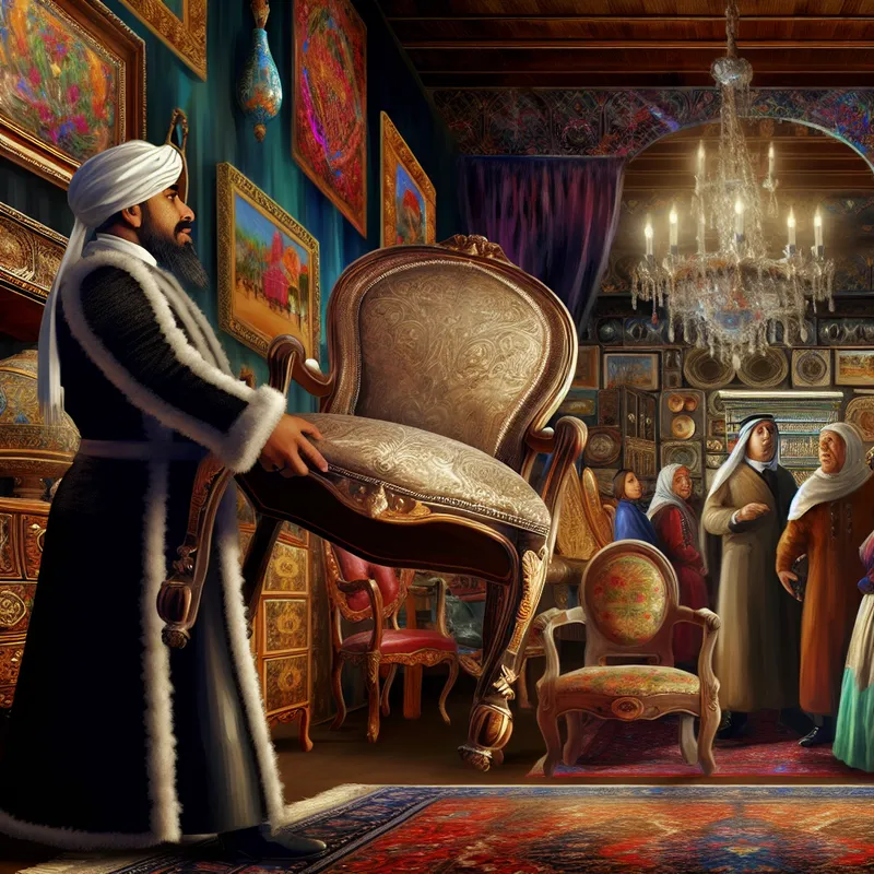 Antieke handelaar in een luxe barok winkel met vintage meubels en een prachtig vervaardigde stoel