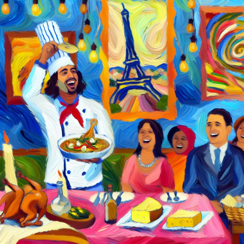 Een vrolijke Franse chef-kok presenteert authentieke Franse gerechten aan diners in een restaurant, met een sfeervolle tafel en kleurrijke kunst aan de muren.