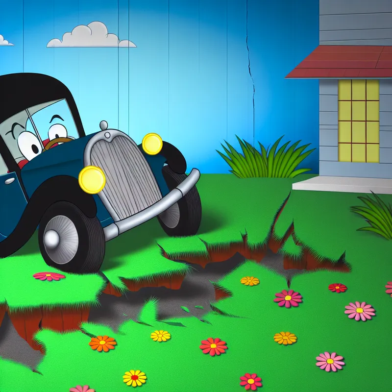 Een cartoonachtige afbeelding van een auto die per ongeluk over een voortuin rijdt, met de nadruk op het beschadigen van groen gras en kleurrijke bloemen.