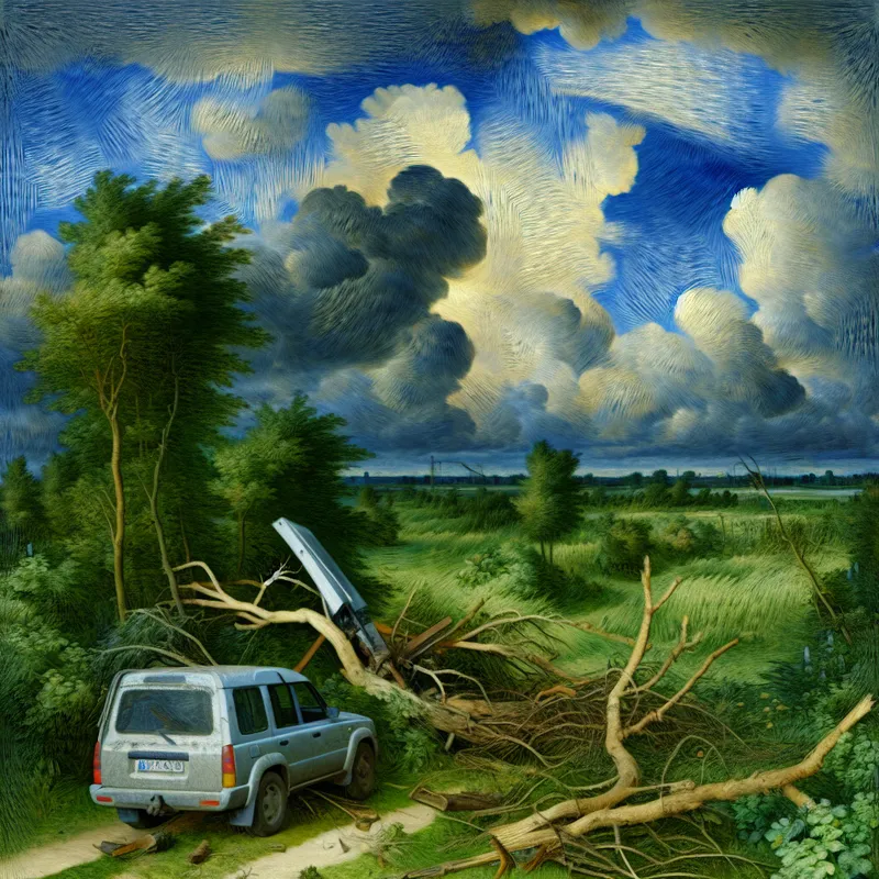 Een auto met een gebroken antenne, geparkeerd in een weelderig groen landschap onder een dramatische lucht.