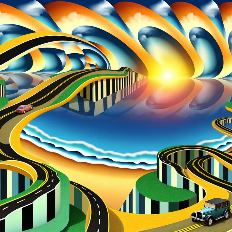 Surrealistisch landschap met een auto op een kronkelige weg naar een strand, geïnspireerd door M.C. Escher