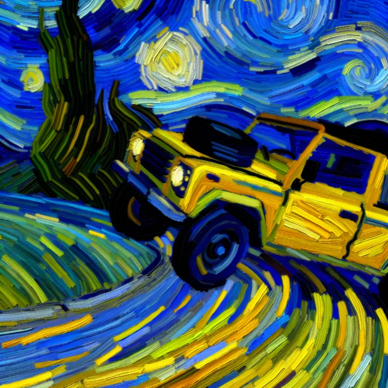 Snel rijdende auto in scherpe bocht op kronkelige weg, geschilderd in expressieve Van Gogh-stijl met zwierige penseelstreken en levendige kleuren