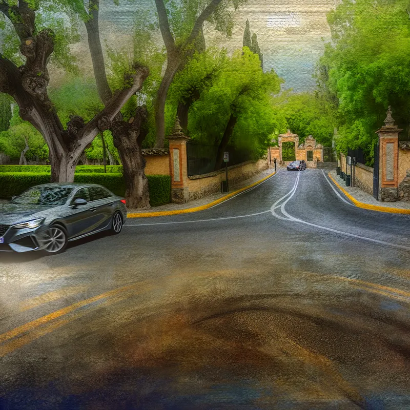 Auto maakt een scherpe linkerbocht met een park op de achtergrond.