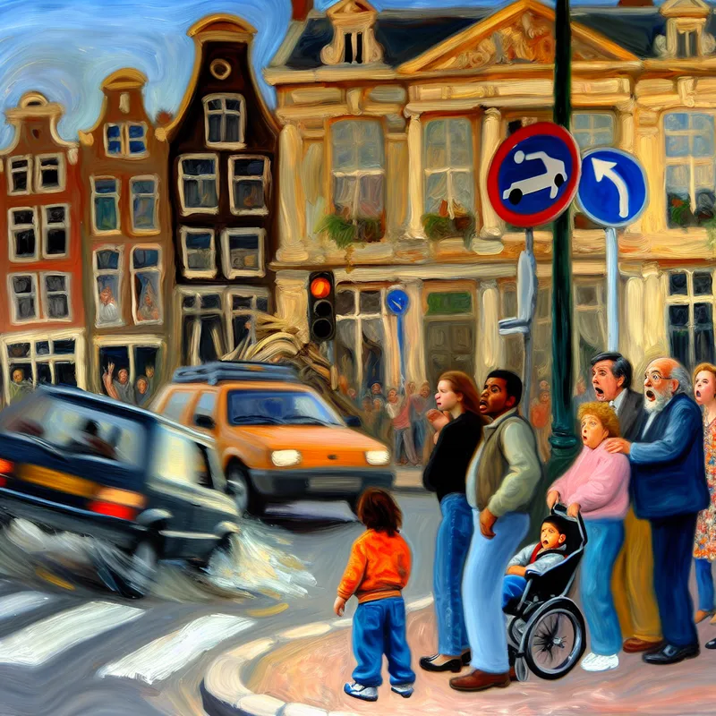 Een auto maakt een U-bocht op een druk kruispunt, omringd door nieuwsgierige voetgangers en historische gebouwen.