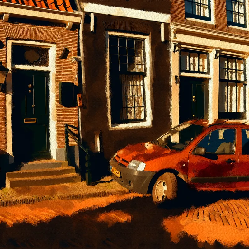 Auto geparkeerd voor een huisdeur in Nederlandse straat