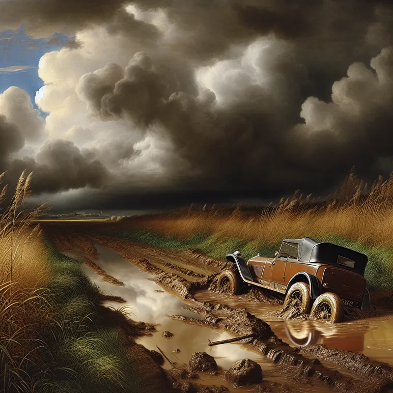 Vintage auto zinkt weg in diepe modder na hevige regenval, dramatisch landschap in stijl van Jacob van Ruisdael