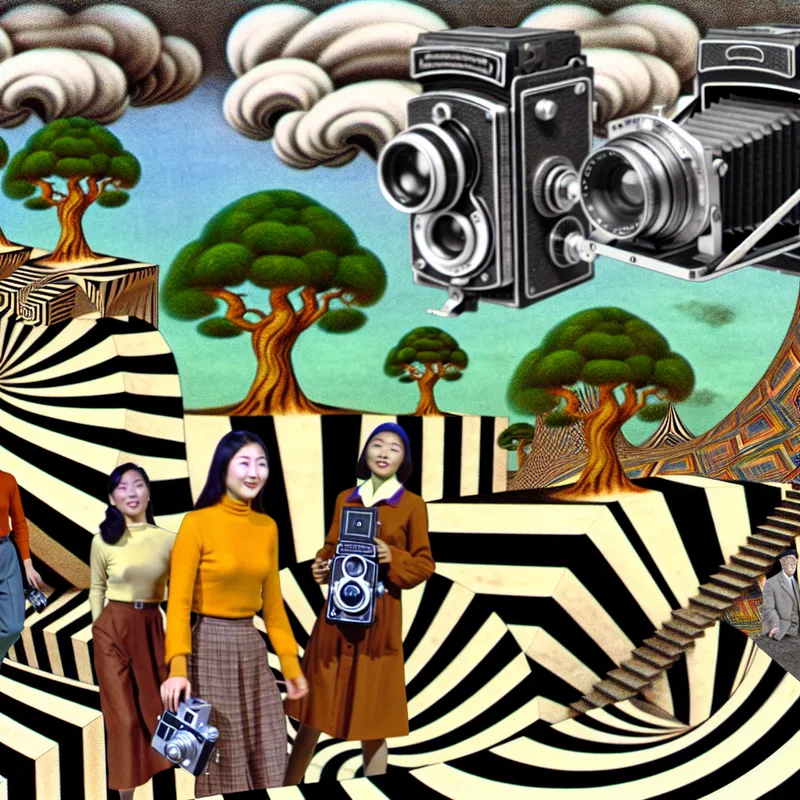 Een groep fotografie enthousiastelingen maakt een avontuurlijke tocht in een surrealistisch landschap met onmogelijke structuren en vintage camera's.