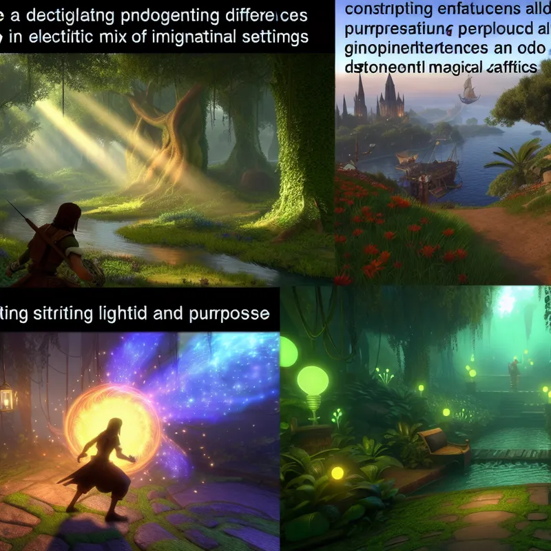 Een avontuurlijke gamekarakter beweegt zelfverzekerd door fantasierijke omgevingen, zoals een weelderig bos, een kronkelige rivier en een mystiek kasteel in de achtergrond.