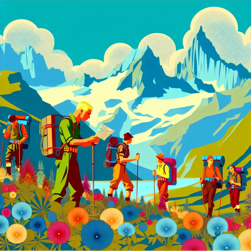 Illustratie van avontuurlijke wandelaars die een retro-futuristisch berglandschap verkennen met kleurrijke uitrusting en bloeiende wilde bloemen.