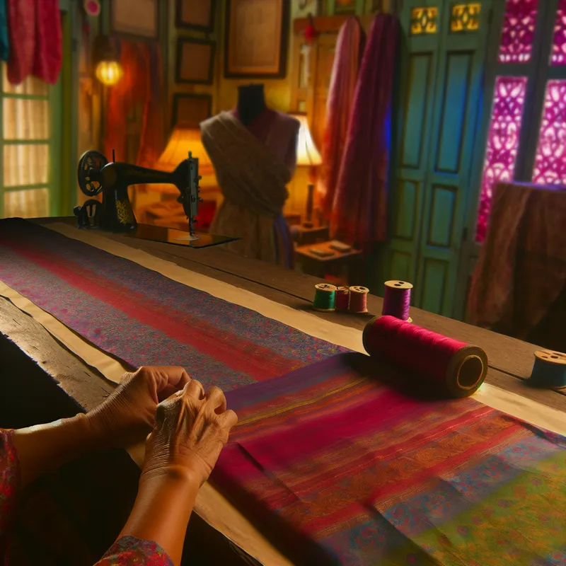 Handen knippen zorgvuldig een baan stof op een houten naaitafel in een nostalgische naaikamer met vintage gereedschap en warme verlichting