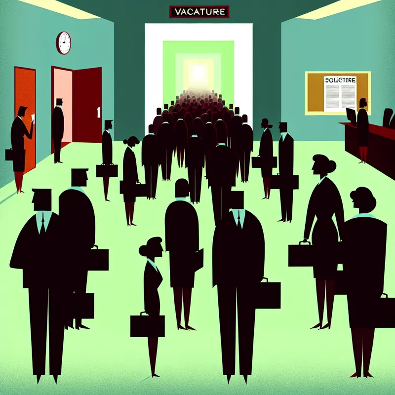 Minimalistische illustratie van een drukke kantoorgang waar professionals met sollicitatiedossiers naar een vacaturedeur haasten, symbool voor baancompetitie