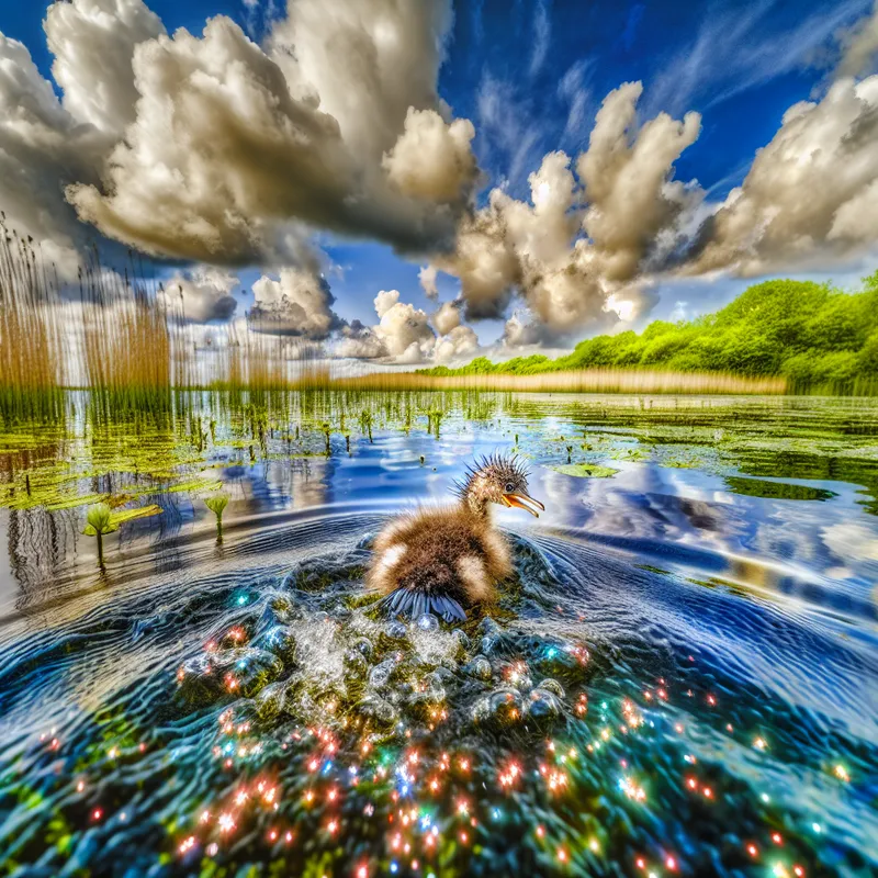 Een schattig baby aalscholvertje dat speelt in het glinsterende water van een rustige vijver.