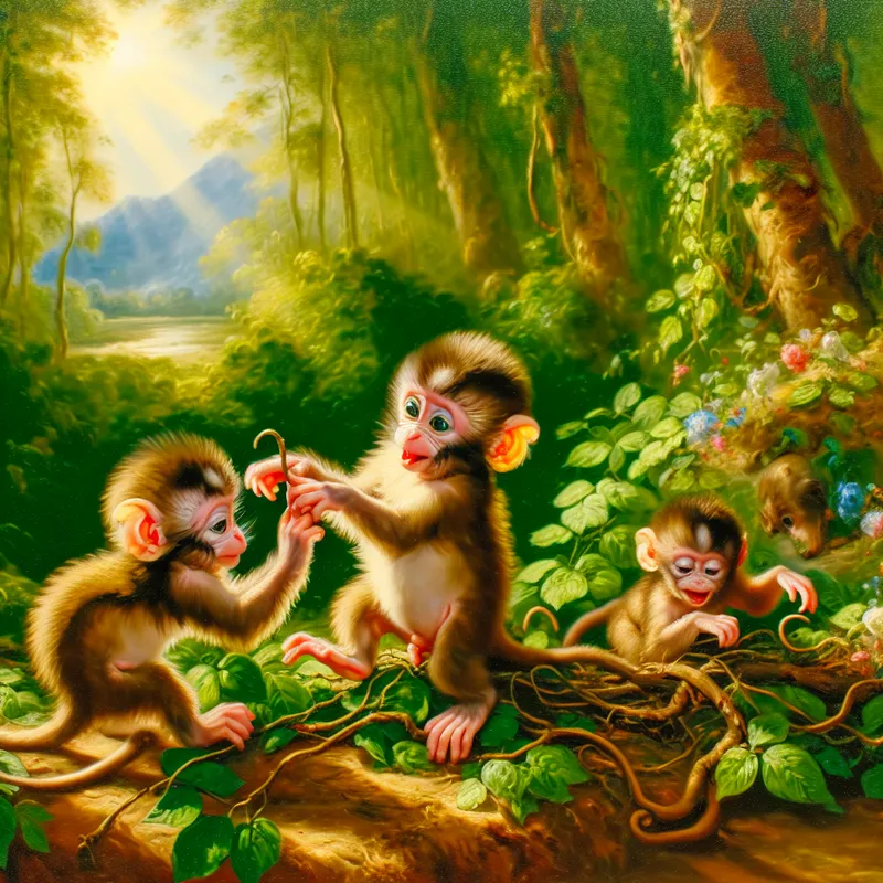 Levendige afbeelding van een schattig baby aapje dat speelt met zijn broers in een zonovergoten bos.