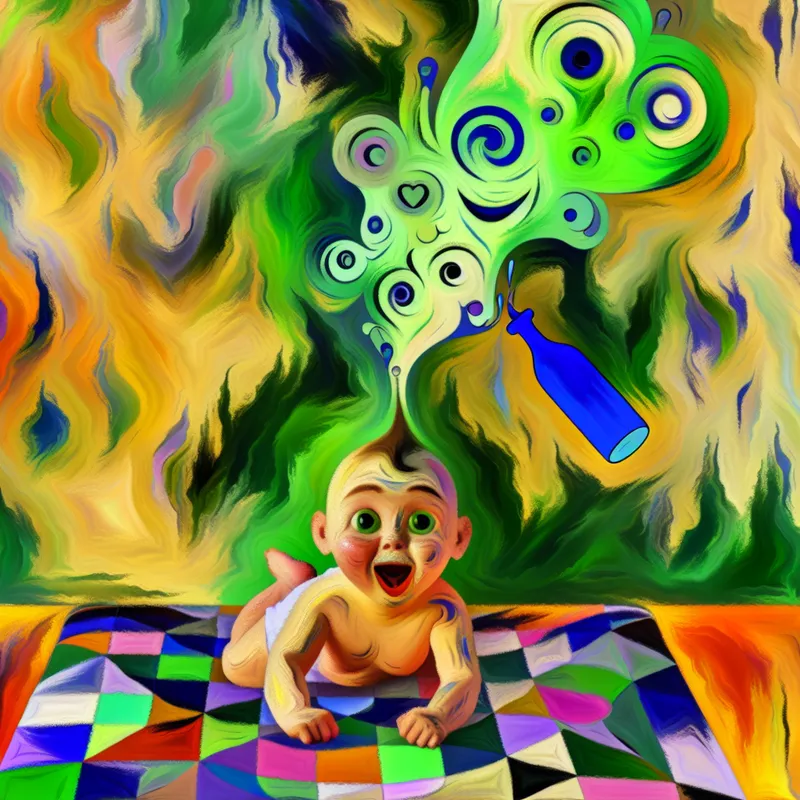 Speelse baby met verbaasde uitdrukking op kleurrijke deken, omringd door een grappige groen-gele gaswolk in de stijl van Karel Appel