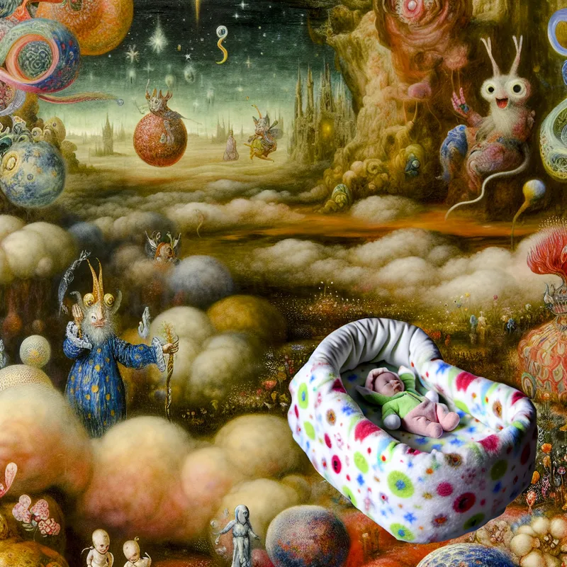 Een schattig babydekentje op een wolk, omringd door vreemde, fantasierijke wezens en speelse figuren.