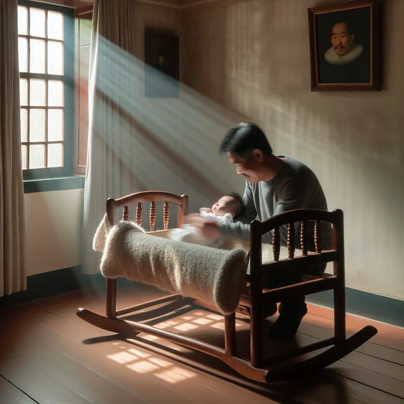 Een ouder die een baby wiegt in een houten wieg met een cosy dekentje.