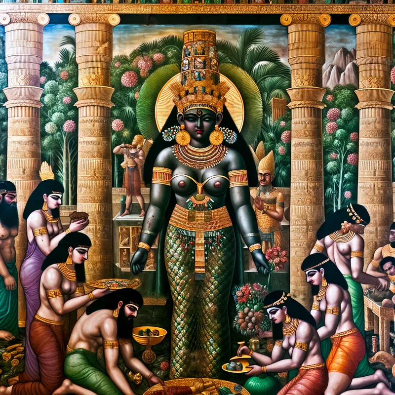 Een prachtige tempel uit het oude Babylon met een vrouwelijke godheid