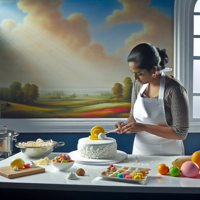Een bakker in een schort is bezig met het decoreren van een prachtige taart met fondant in een zonnige keuken.