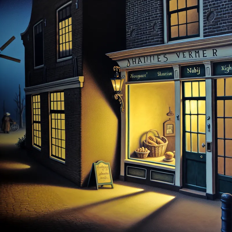 Een rustige Nederlandse straat in de stijl van Vermeer met een gezellige bakkerij nabij een treinstation, badend in zacht licht