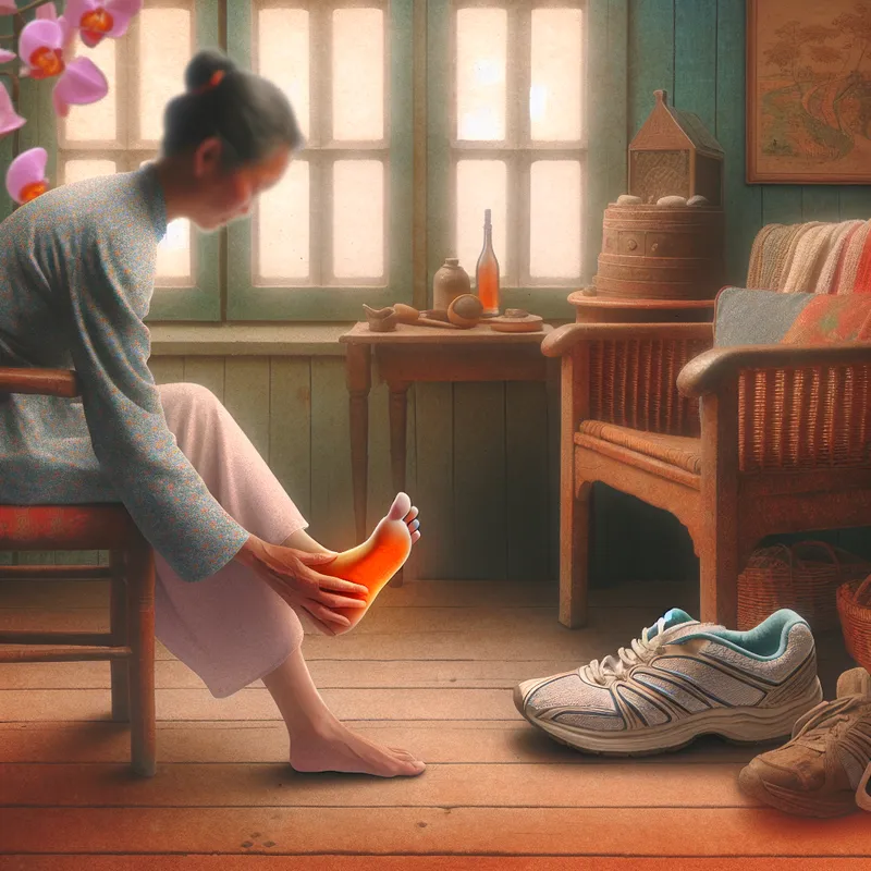 Persoon masseert de bal van de voet na het hardlopen in een nostalgische, sprookjesachtige kamer