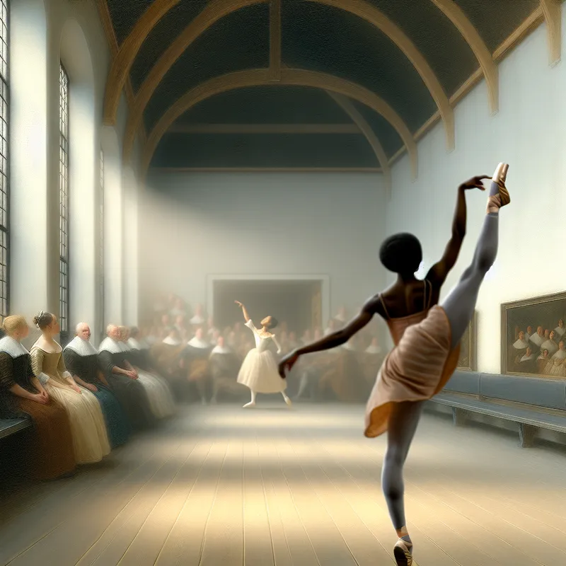 Een ballerina voert een dienende trap uit tijdens een balletuitvoering, met een elegant verlichte achtergrond en aandacht van het publiek.