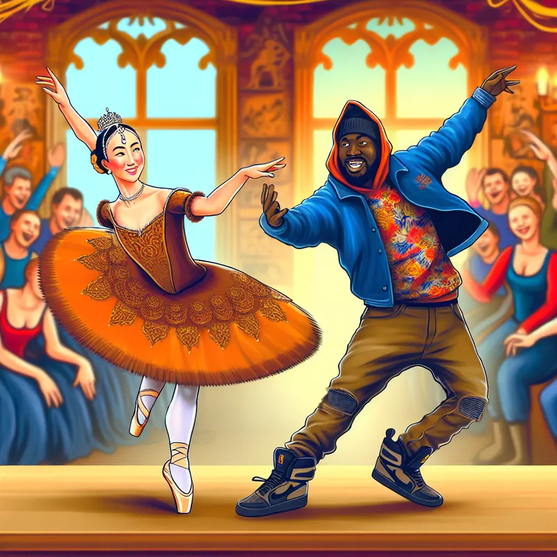 Een balletdanseres in een elegante klassieke outfit en een hiphopdanser in casual streetwear dansen samen op een podium, met een enthousiast publiek op de achtergrond.