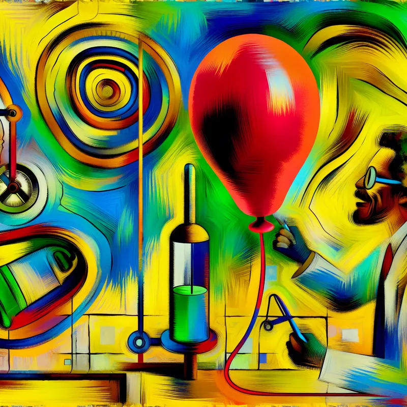 Wetenschapper blaast een felrode ballon op tijdens een kleurrijk experiment in abstracte stijl