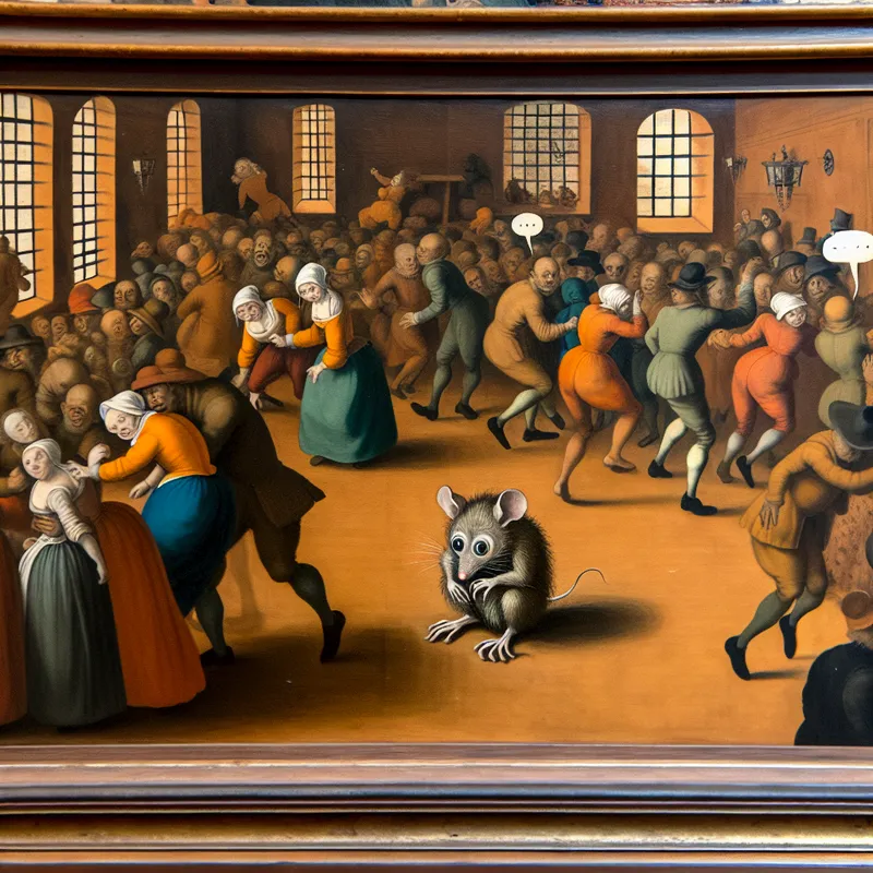 Een verlegen karakter dat op een muis lijkt, cowerend in de hoek van een drukke ruimte vol lachende en sociale mensen.